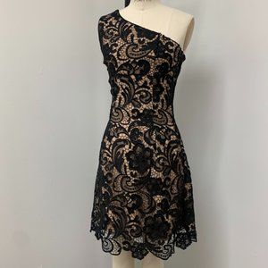 NWOT Dress the Population XS Lace Overlay Dress Black Asymmetrical One Shoulder